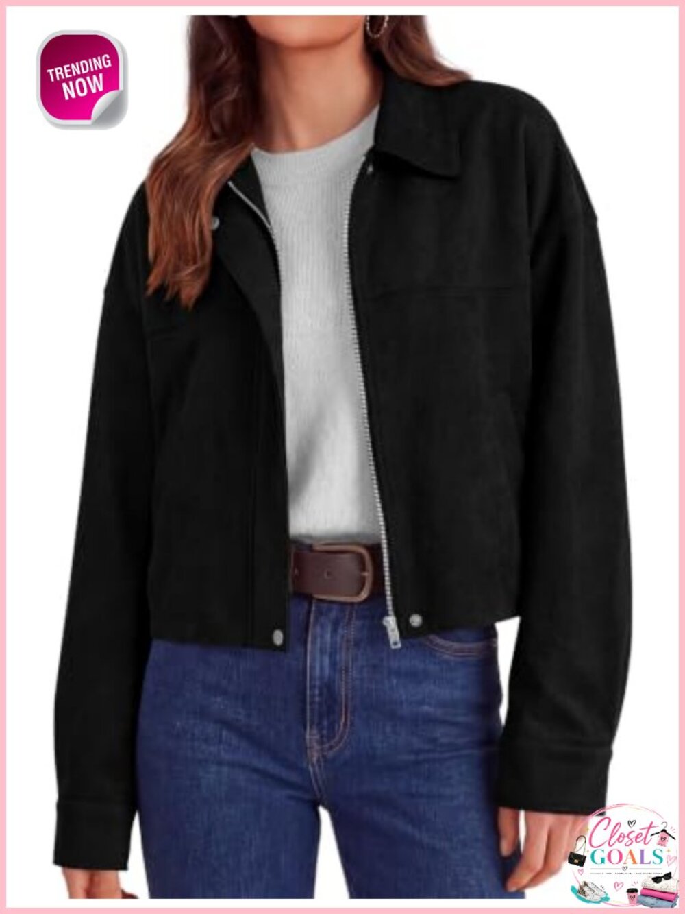 Faux Suede Cropped Zip Up Jacket Lapel Collar Fall Casual Coat